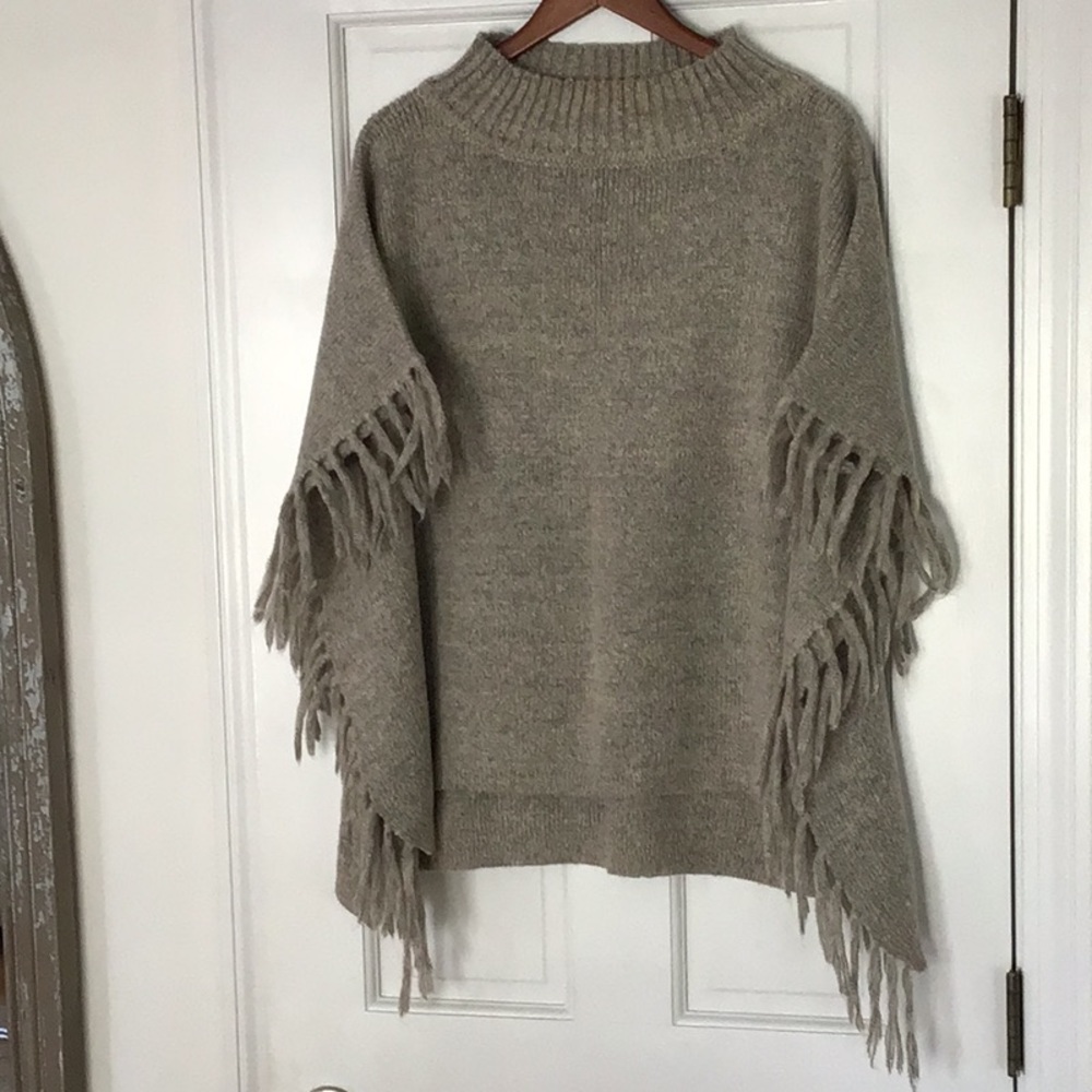 Fringe Detail Cozy Knit Sweater / Shawl - Taupe